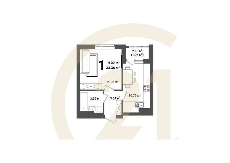1-комн, 33.93 м², 2 этаж