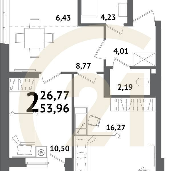 2-комн, 53.96 м², 11 этаж