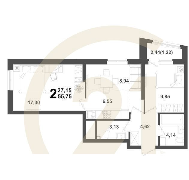 2-комн, 55.75 м², 15-20 этаж