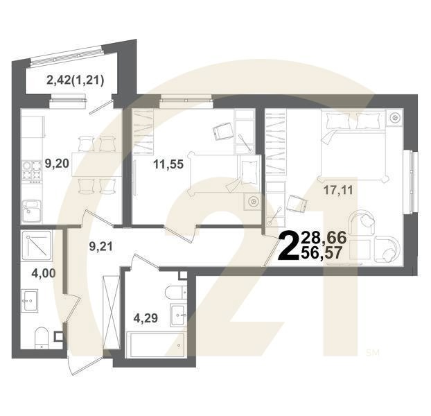 2-комн, 56.57 м², 2 этаж