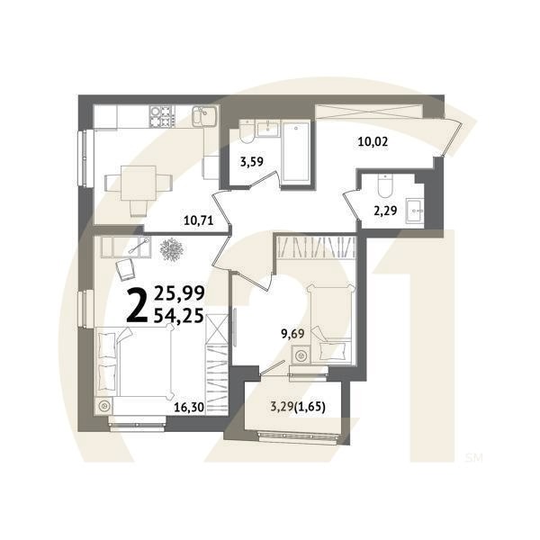 2-комн, 54.25 м², 18-20 этаж