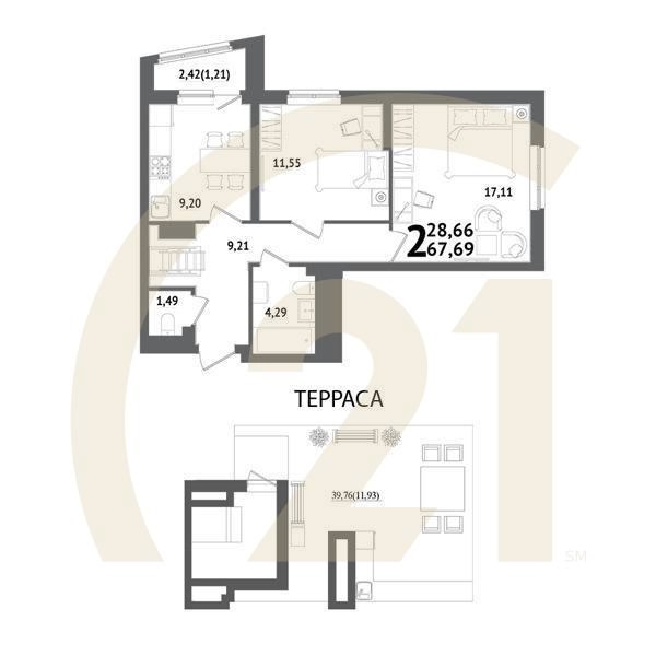 2-комн, 67.69 м², 21 этаж
