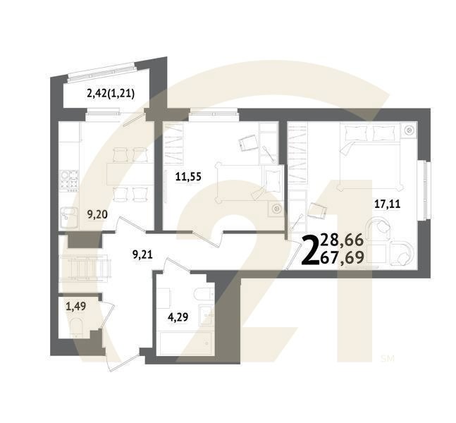 2-комн, 67.69 м², 21 этаж