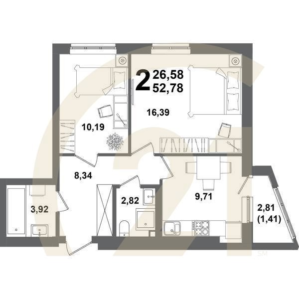 2-комн, 52.78 м², 8-11 этаж