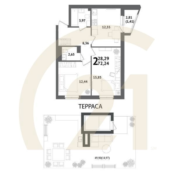 2-комн, 72.24 м², 12 этаж