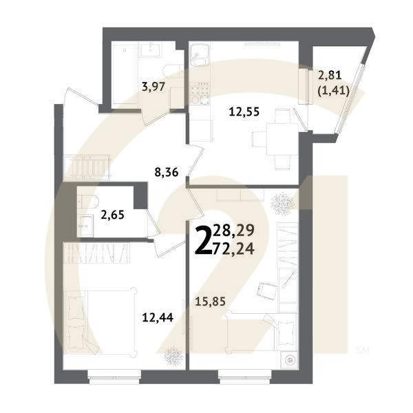 2-комн, 72.24 м², 12 этаж