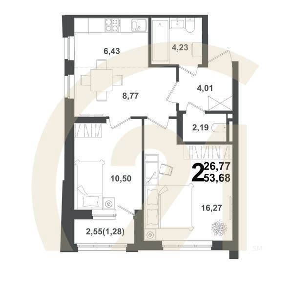 2-комн, 53.68 м², 9-10 этаж