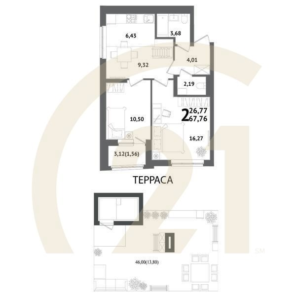 2-комн, 67.76 м², 12 этаж
