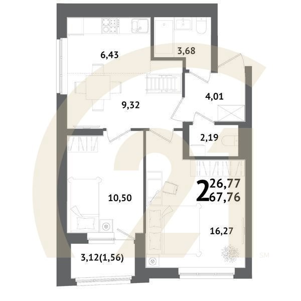 2-комн, 67.76 м², 12 этаж