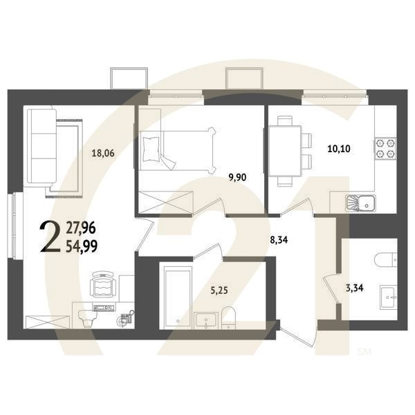2-комн, 54.99 м², 4-25 этаж