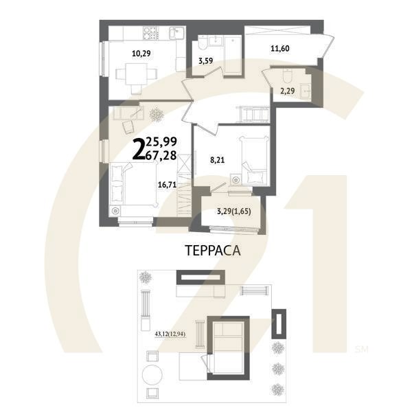 2-комн, 67.28 м², 21 этаж
