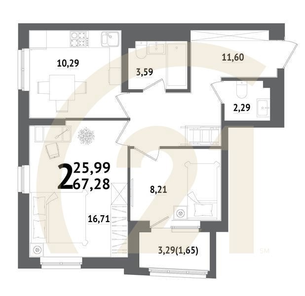 2-комн, 67.28 м², 21 этаж