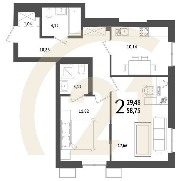 2-комн, 58.75 м², 5-25 этаж
