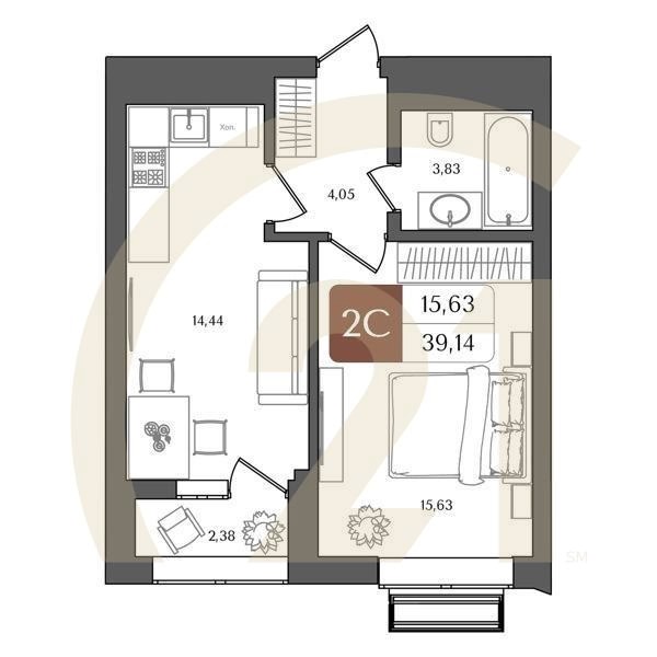 2-комн, 39.14 м², 8 этаж