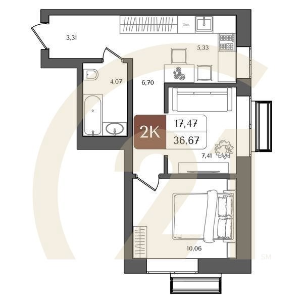 2-комн, 36.67 м², 3-19 этаж