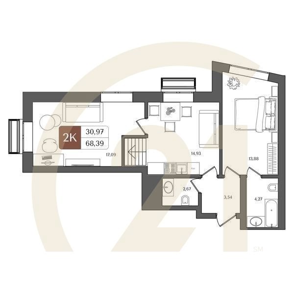 2-комн, 68.39 м², 21 этаж