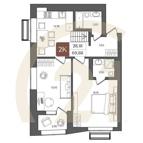 2-комн, 69.88 м², 12 этаж