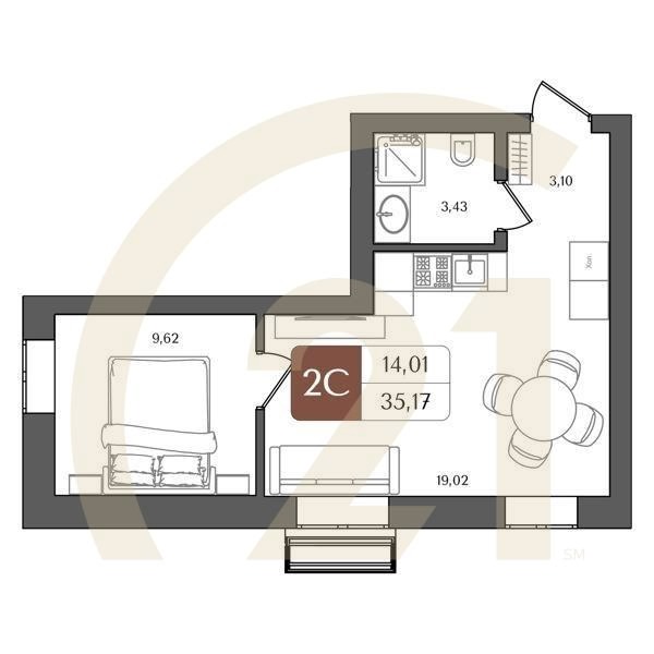 2-комн, 35.17 м², 3-19 этаж