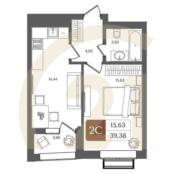 2-комн, 39.38 м², 4-10 этаж