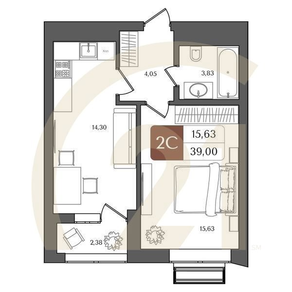 2-комн, 39 м², 12 этаж