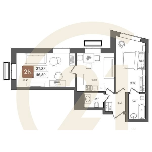 2-комн, 56.5 м², 3-20 этаж