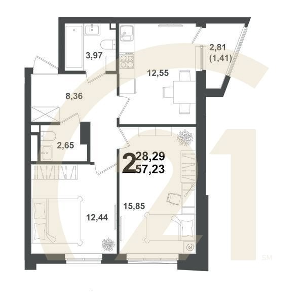 2-комн, 57.23 м², 9-11 этаж