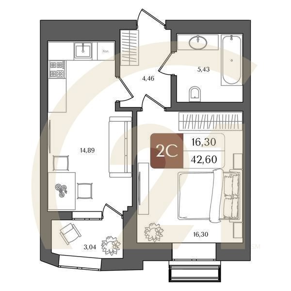 2-комн, 42.6 м², 7-11 этаж