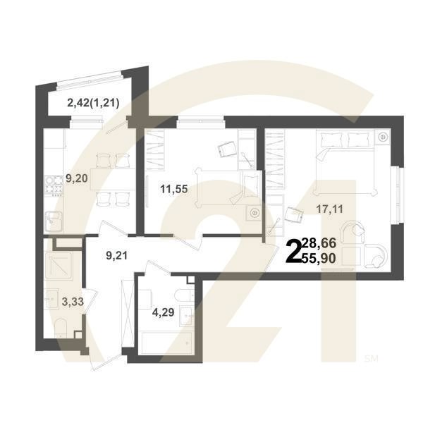 2-комн, 55.9 м², 11-20 этаж