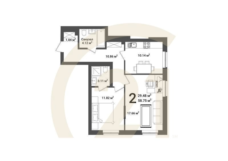 2-комн, 59.46 м², 2 этаж