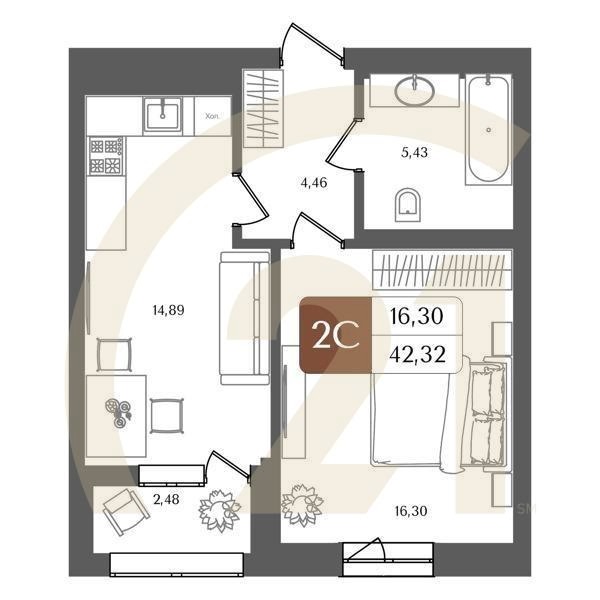 2-комн, 42.32 м², 9 этаж