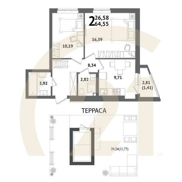 2-комн, 64.55 м², 12 этаж