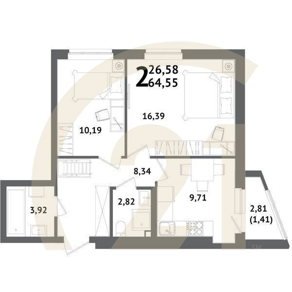 2-комн, 64.55 м², 12 этаж