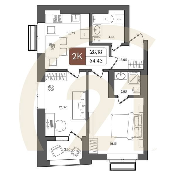 2-комн, 54.43 м², 5-11 этаж