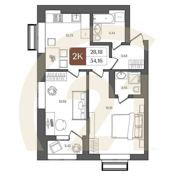 2-комн, 54.16 м², 4-10 этаж