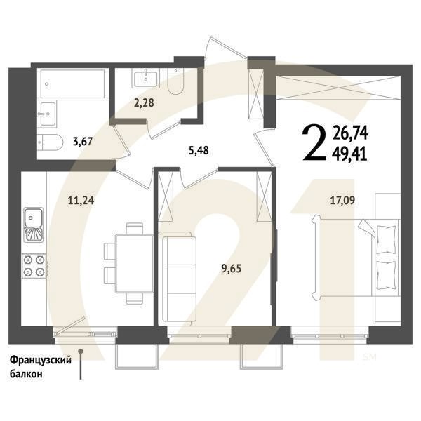 2-комн, 49.41 м², 17-25 этаж
