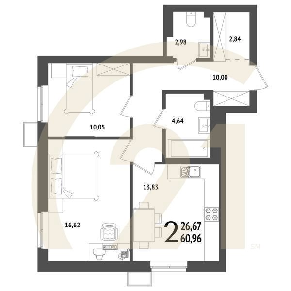 2-комн, 60.96 м², 7-24 этаж