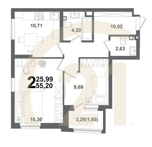 2-комн, 55.2 м², 2 этаж