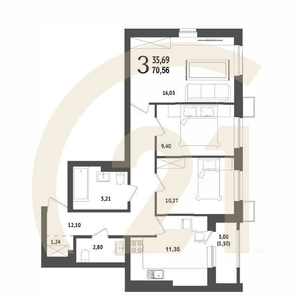 3-комн, 70.56 м², 2 этаж