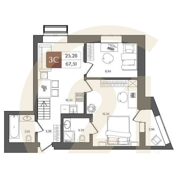 3-комн, 67.51 м², 12 этаж