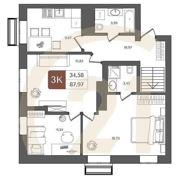 3-комн, 87.97 м², 21 этаж