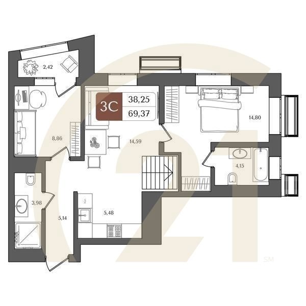 3-комн, 69.37 м², 21 этаж