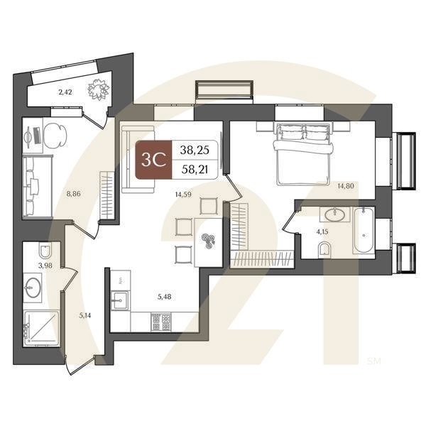 3-комн, 58.21 м², 3-20 этаж