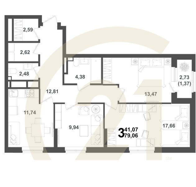 3-комн, 79.06 м², 17 этаж