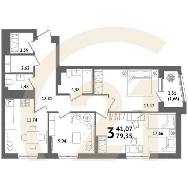 3-комн, 79.35 м², 18-20 этаж