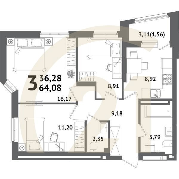3-комн, 64.08 м², 8-11 этаж