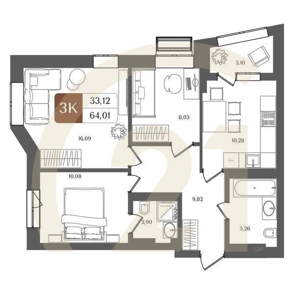 3-комн, 64.01 м², 4-11 этаж