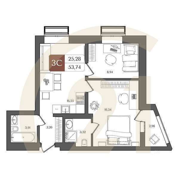 3-комн, 53.74 м², 4-8 этаж