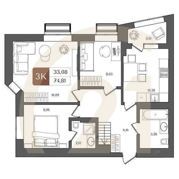 3-комн, 74.81 м², 12 этаж