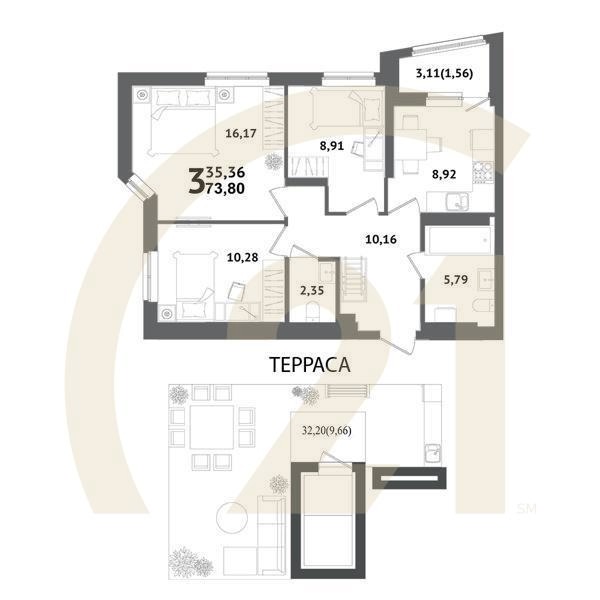 3-комн, 73.8 м², 12 этаж