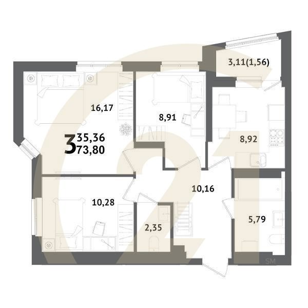 3-комн, 73.8 м², 12 этаж